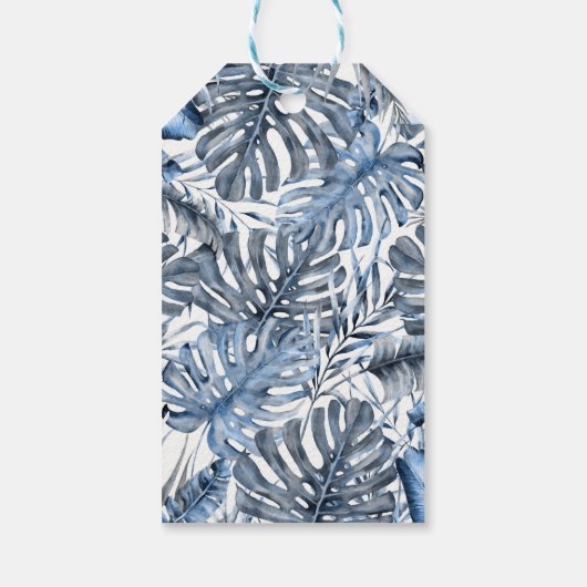  blauw en wit tropisch handpalm cadeaulabel (Achterkant)