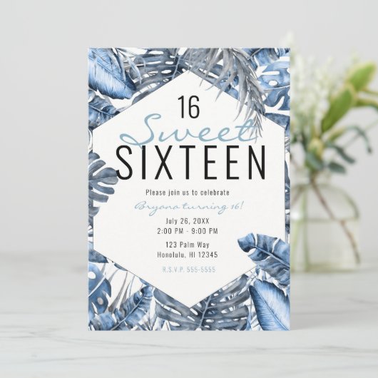  blauw en wit tropisch palmblaasjes, gezoet 16 kaart (Staand voorkant)