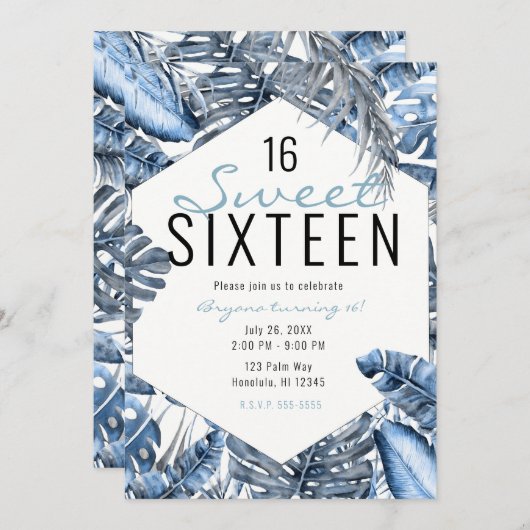  blauw en wit tropisch palmblaasjes, gezoet 16 kaart (Voorkant / Achterkant)