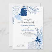 Blauw en wit tropische bladeren bruiloft kaart (Voorkant)