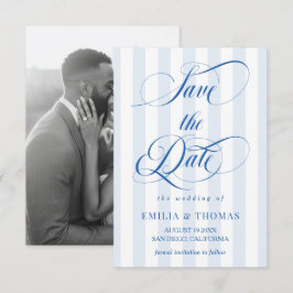 Blauw en wit trouwfoto Save The Date
