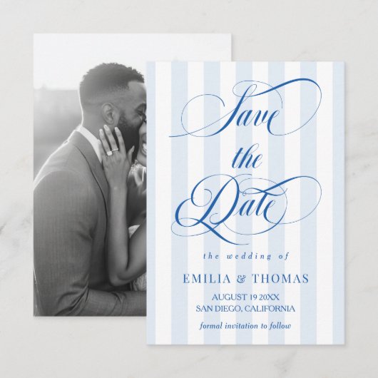 Blauw en wit trouwfoto Save The Date (Voorkant / Achterkant)