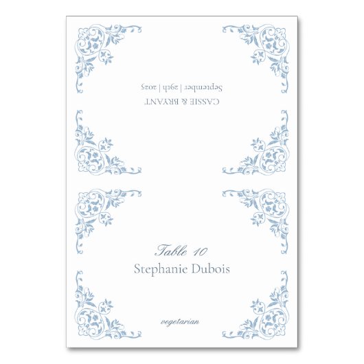 Blauw en Wit Trouwplaats Kaarten Maaltijdkeuze (Voorkant)