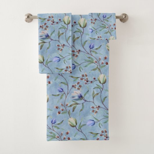 Blauw en wit Tulps Anemones Pattern Bad Handdoek (Insitu)