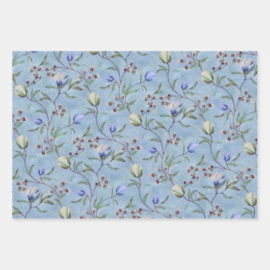 Blauw en wit Tulps Anemones Pattern Inpakpapier Vel (Voorkant 2)