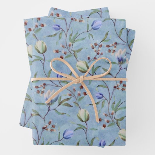 Blauw en wit Tulps Anemones Pattern Inpakpapier Vel (In situ)