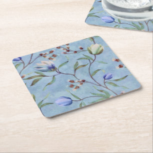 Blauw en wit Tulps Anemones Pattern Kartonnen Onderzetters