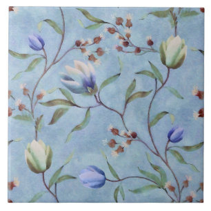 Blauw en wit Tulps Anemones Pattern Tegeltje