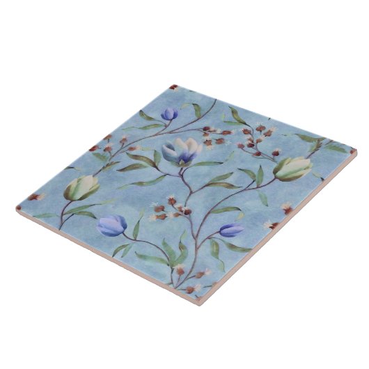 Blauw en wit Tulps Anemones Pattern Tegeltje (Zijkant)