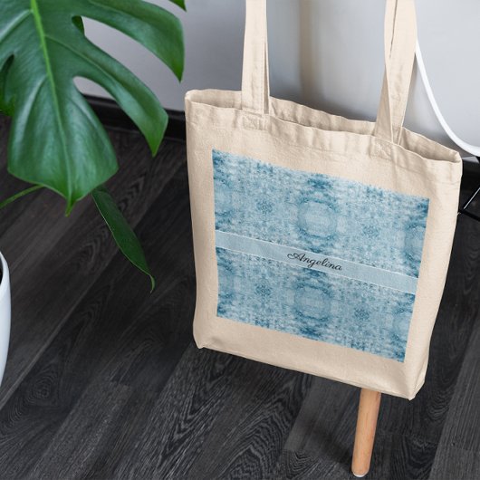 Blauw en wit veerpatroon, aanpasbaar tote bag