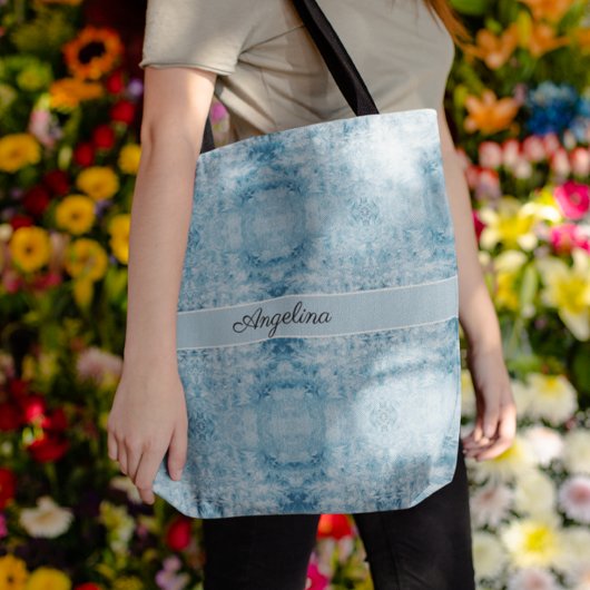 Blauw en wit veerpatroon, aanpasbaar tote bag