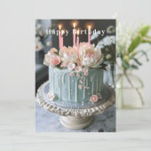 Blauw en Wit Verjaardagstaart Roze Bloemen Kaarsen Kaart (Staand voorkant)