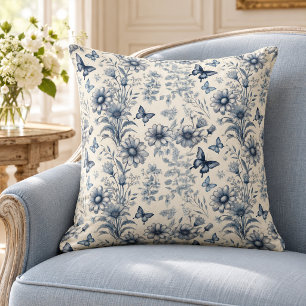 Blauw en wit vintage bloem- en vlindermotief kussen