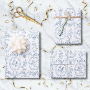 Blauw en wit vintage bloemen bloemmotief inpakpapier vel