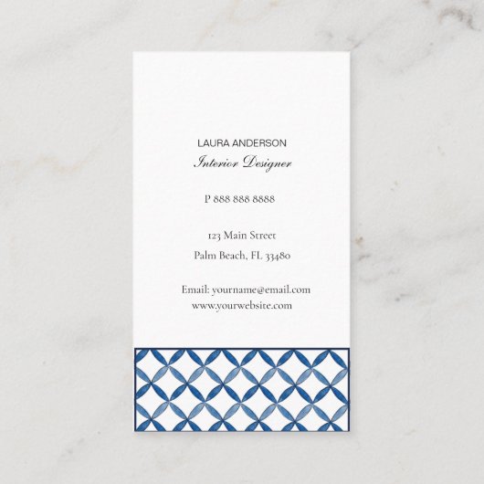 Blauw en wit Visitekaartje voor interieurontwerper (Achterkant)