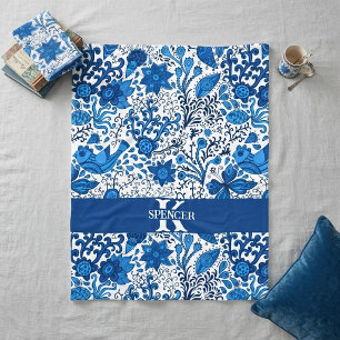 Blauw en wit volks kunst monogram fleece deken