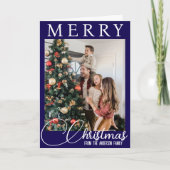 Blauw en wit Vrolijk Kerstfeest Familiefoto Feestdagen Kaart (Voorkant)