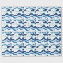 Blauw en Wit Vuurtoren Nautilus Cadeaupapier