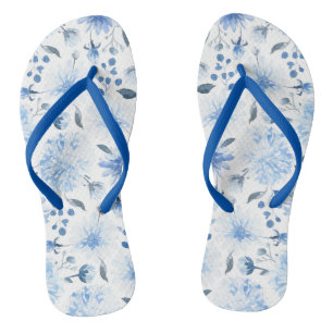 Blauw en Wit Waterverf Bloemen Flip Flop Sandalen