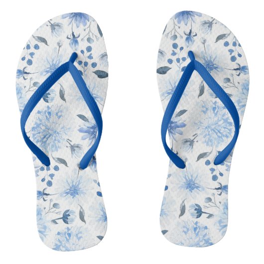 Blauw en Wit Waterverf Bloemen Flip Flop Sandalen (Voetbed)