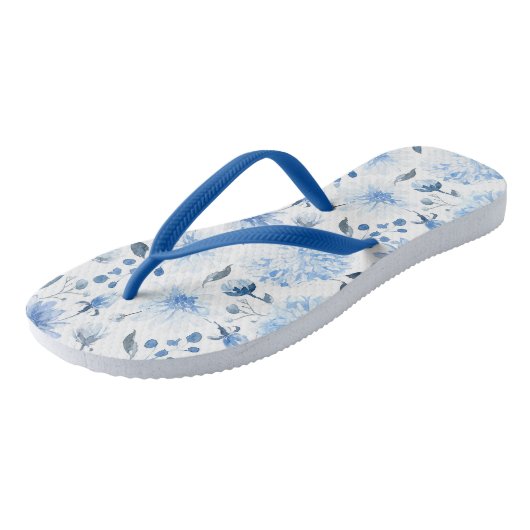 Blauw en Wit Waterverf Bloemen Flip Flop Sandalen (Schuin)