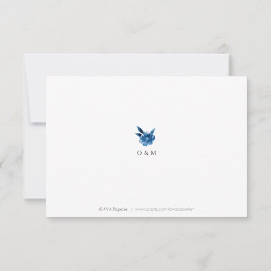 Blauw en wit waterverf bloemenbruiloft dank u bedankkaart (Achterkant)