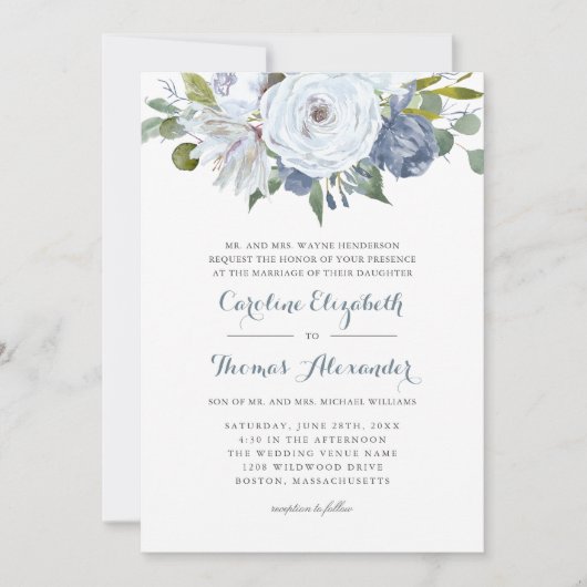 Blauw en Wit Waterverf Bloemige Elegante Bruiloft Kaart (Voorkant)
