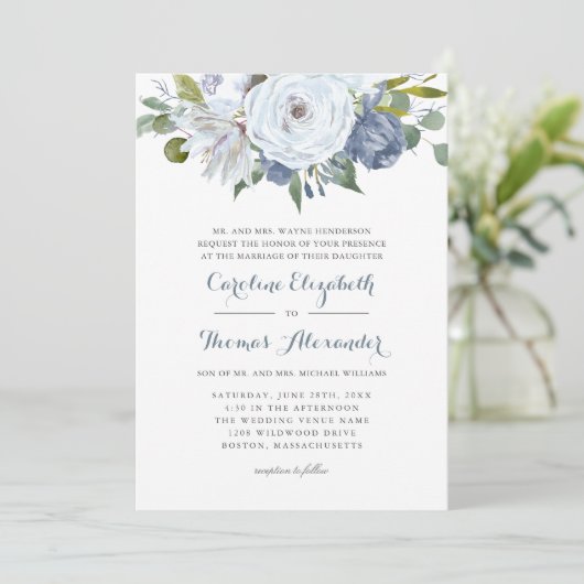 Blauw en Wit Waterverf Bloemige Elegante Bruiloft Kaart (Staand voorkant)