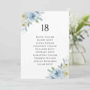 Blauw en wit waterverf bloemstuk tafel zitplaatsen kaart