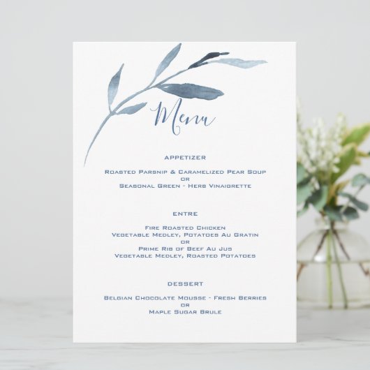 Blauw en wit Waterverf bruiloft Menu (Staand voorkant)