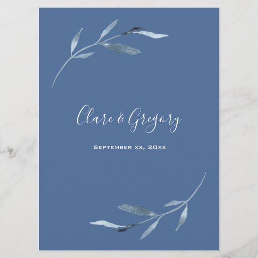 Blauw en wit Waterverf bruiloft Menu (Achterkant)