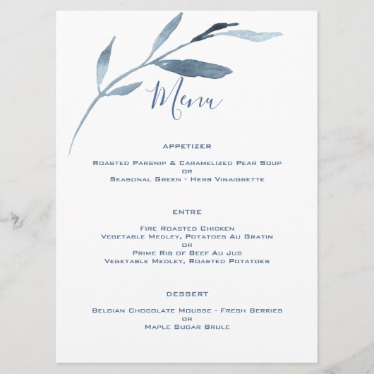 Blauw en wit Waterverf bruiloft Menu (Voorkant)