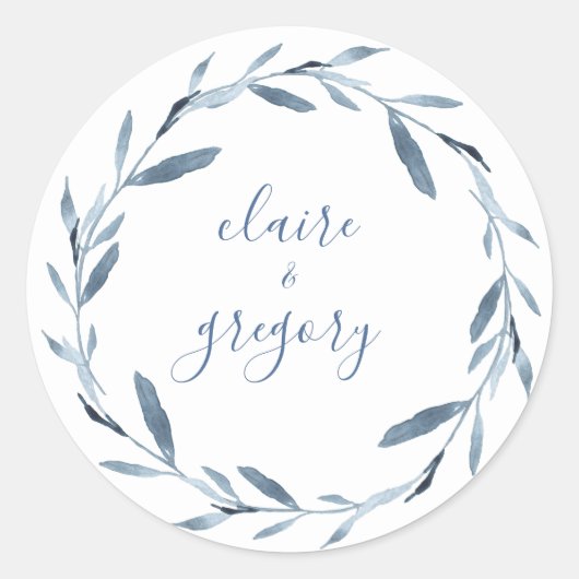 Blauw en wit Waterverf bruiloft Ronde Sticker (Voorkant)
