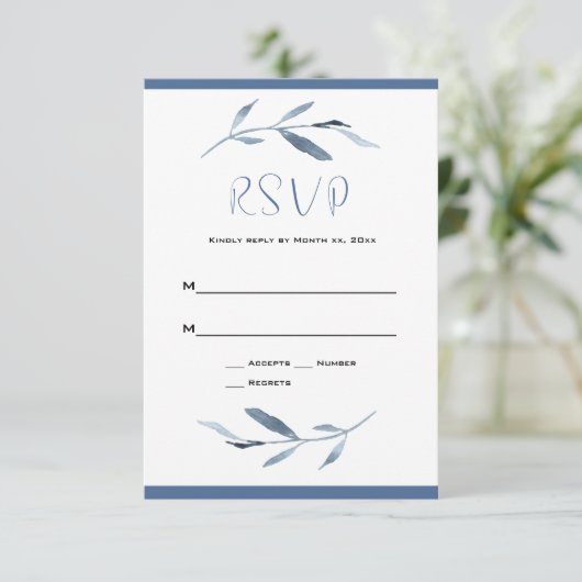Blauw en wit Waterverf bruiloft RSVP Kaartje (Staand voorkant)