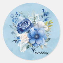 Blauw en Wit Waterverf Pioen Bloemen Bruiloft Ronde Sticker