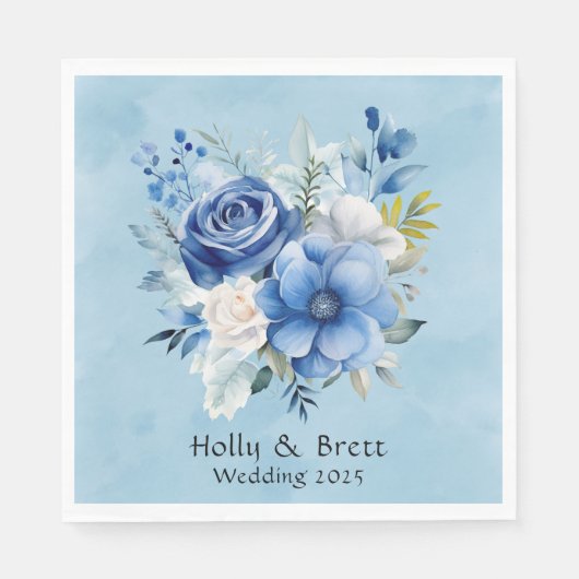 Blauw en Wit Waterverf Pioen Bloemen Bruiloft Servet (Voorkant)