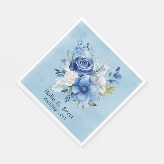 Blauw en Wit Waterverf Pioen Bloemen Bruiloft Servet (Hoek)