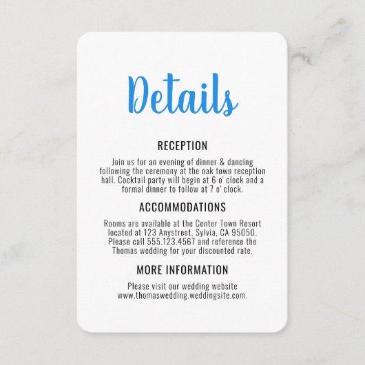 Blauw en Wit Whimsical Kustbruiloft Informatiekaartje (Voorkant)