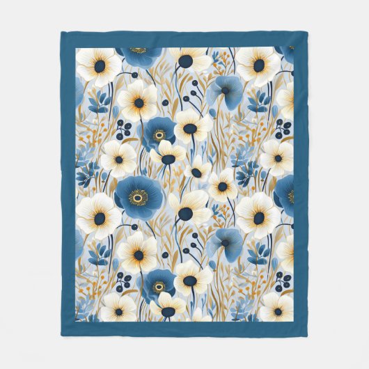 Blauw en wit Wildbloemen Fleece Deken (Voorkant)