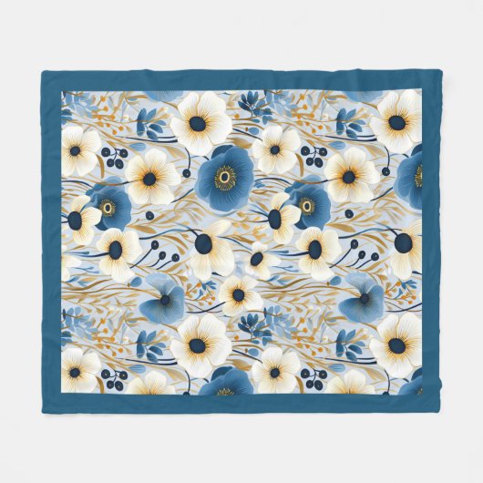 Blauw en wit Wildbloemen Fleece Deken (Voorkant (Horizontaal))