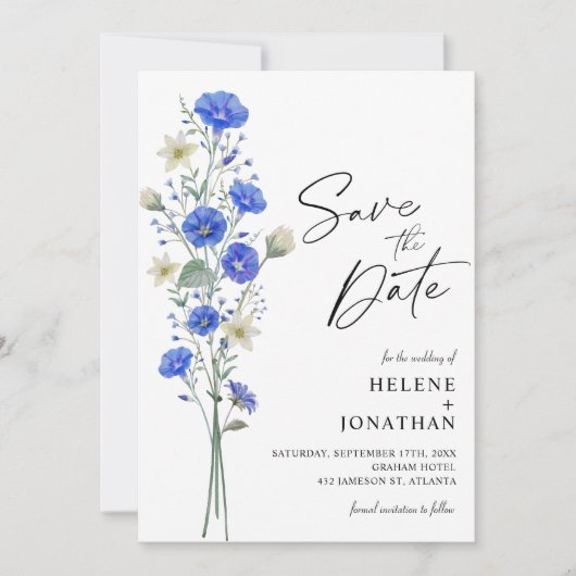 Blauw en wit Wildflower Elegant Bruiloft Save The Date (Voorkant)