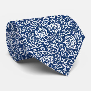 Blauw en wit William Morris Style Tudor Floral Stropdas