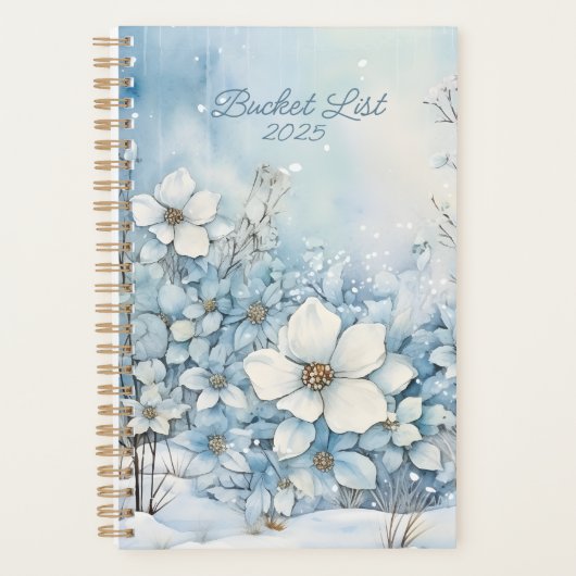 Blauw en wit Winter Bloemen Bucket List Planner (Voorkant)