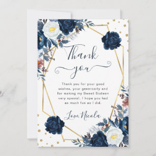 Blauw en Wit Winter Bloemen Frame Sweet 16 Bedankkaart