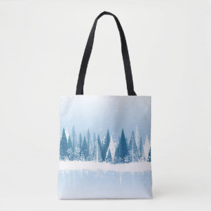 Blauw en wit winterschuurverfontwerp tote bag