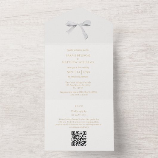 Blauw en Wit | Wit Lint Bruiloft OR All In One Uitnodiging (Binnen)