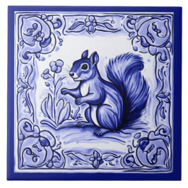 Blauw en wit Woodland Eekhoorn Folk Animal Art Tegeltje