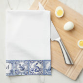 Blauw en Wit Woodland Tegels Custom Monogram Theedoek (Quarter Fold)