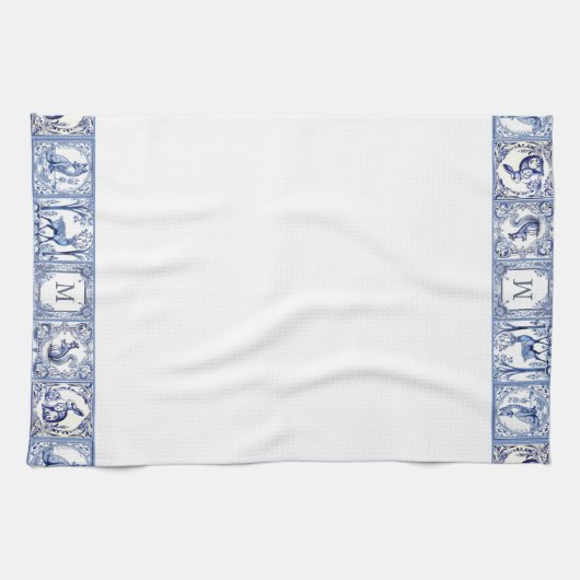 Blauw en Wit Woodland Tegels Custom Monogram Theedoek (Horizontaal)