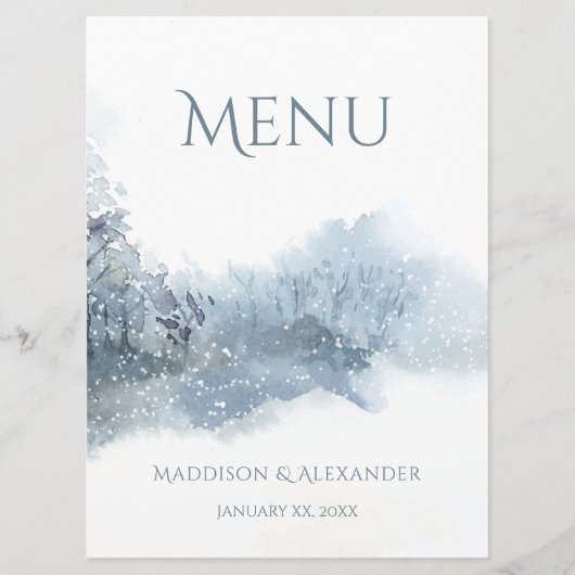 Blauw en wit zachte Waterverf bruiloft Menu (Voorkant)